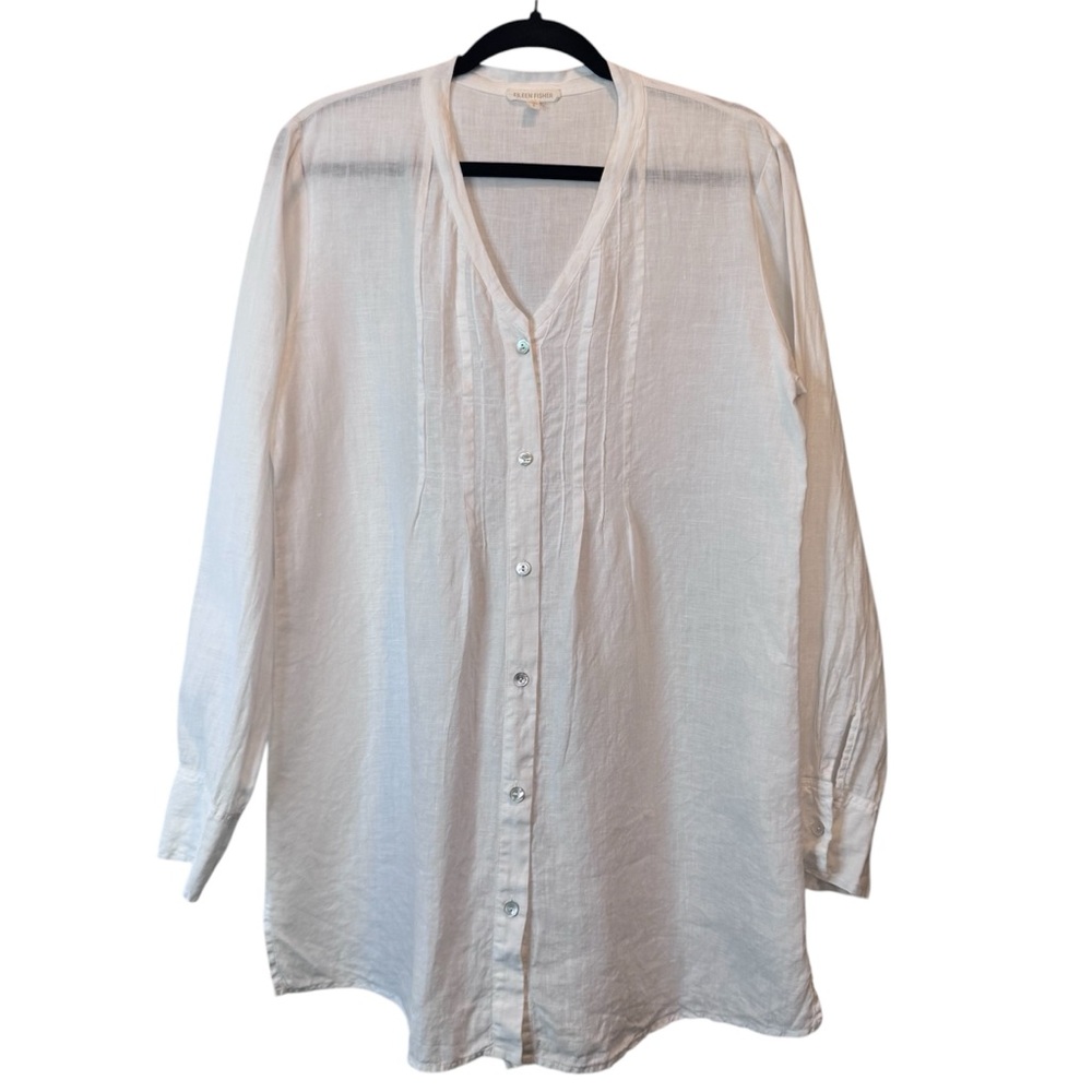 Eileen Fisher Irish Linen White Collarless Button-Up Shirt